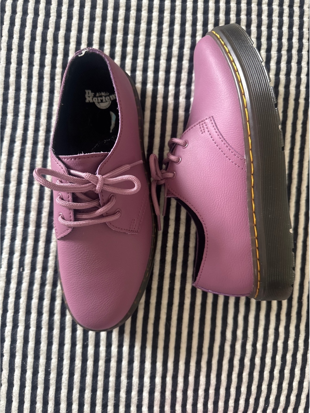 NWT Dr. Martens Purple Leather Oxford Shoes with Yellow Stitching, Size 7